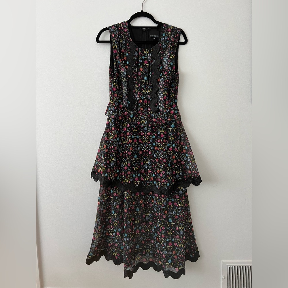 Cynthia Rowley Black Sleeveless Floral Midi Dress with Pink & Blue Accents